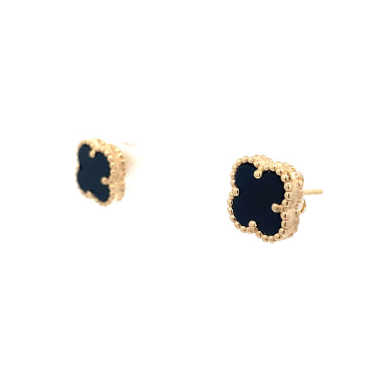 14K Yellow Gold Onyx Flower Stud Earrings