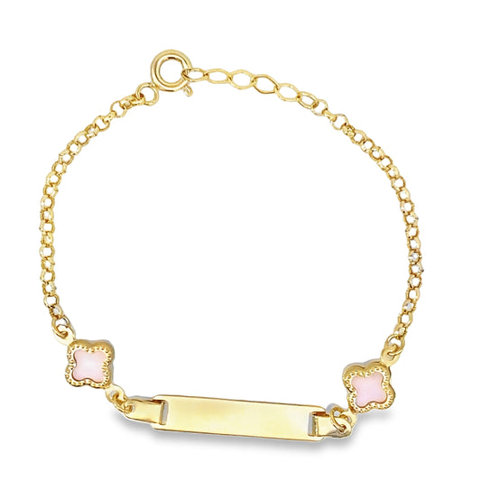 14K Yellow Gold Pink Flowers Baby Id Bracelet 5In 0.9Dwt