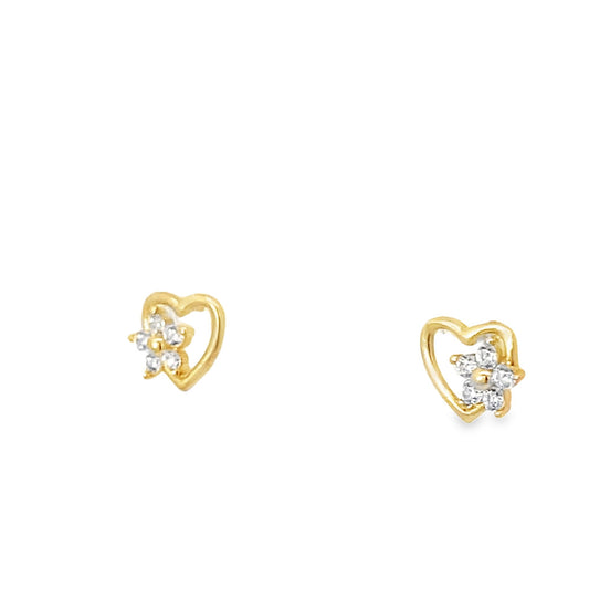 14K Yellow Gold Heart & Flower Baby Stud Earrings
