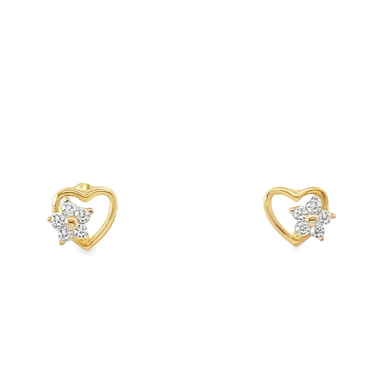 14K Yellow Gold Heart & Flower Baby Stud Earrings