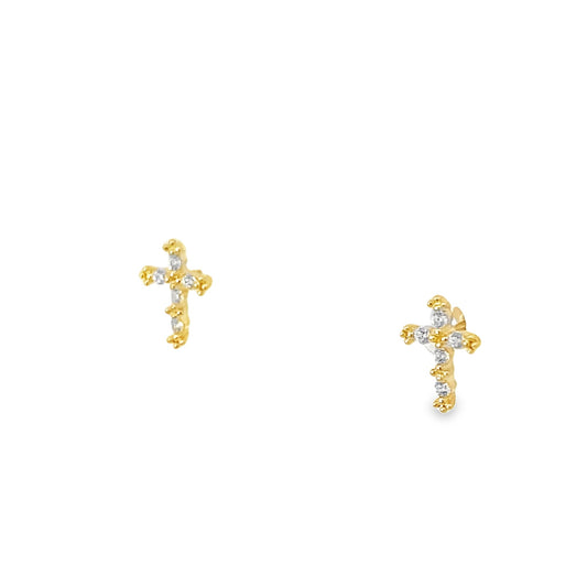 14K Yellow Gold Cz Baby Cross Stud Earrings