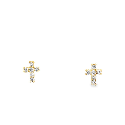 14K Yellow Gold Cz Baby Cross Stud Earrings