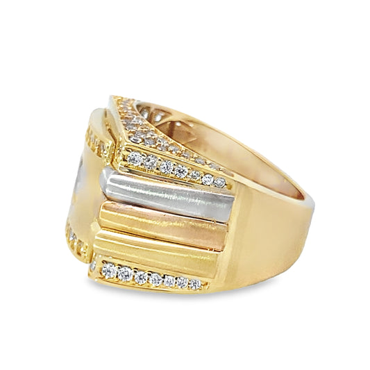 14K Tri Color Gold Cz Fashion Ring Mens Size 9.5 6.0Dwt
