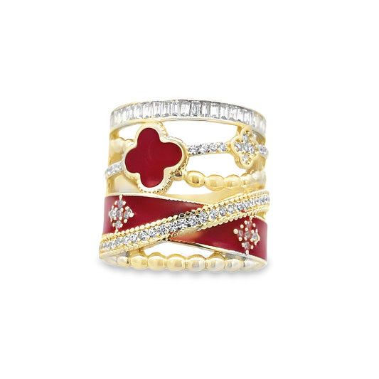 14K Yellow Gold Cz & Red Enamel Flower Fashion Ring Size 7.5 4.1Dwt