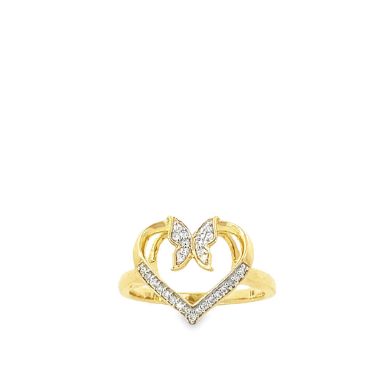 0.10Ctw 10K Yellow Gold Diamond Butterfly Heart Ring Size 7 2.2Dwt
