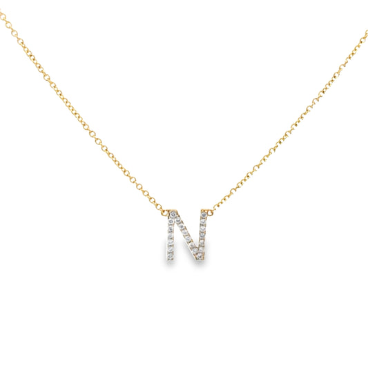 0.16Ctw 14K Yellow Gold Diamond Letter "N" Necklace 20In 1.8Dwt