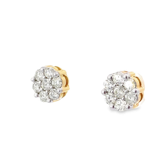 0.91Ctw 14K Yellow Gold Diamond Flower Cluster Stud Earrings