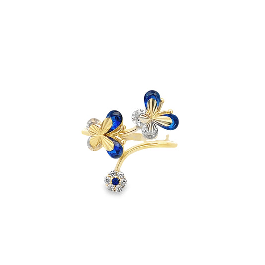 10K Yellow Gold Blue Butterflies & Cz Flower Ring Size 7 1.6Dwt