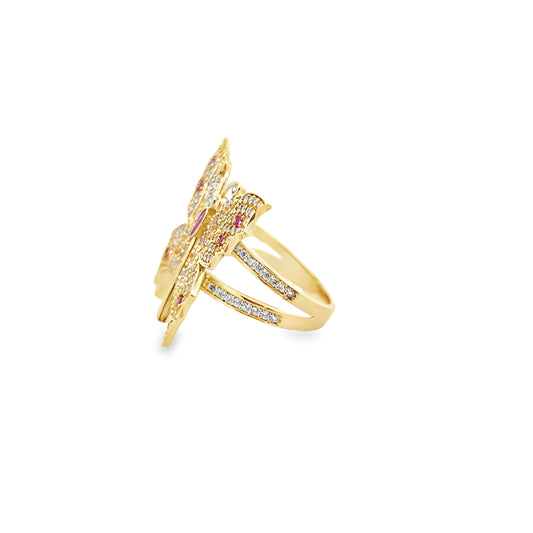 14K Yellow Gold Lds Cz Red & White Butterfly Ring Size 7  3.6 Dwt