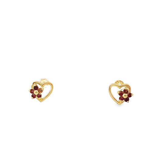 14K Yellow Gold Red Stone Heart & Flower Baby Stud Earrings
