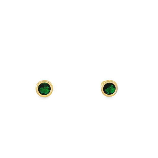 14K Yellow Gold Round Green Stone Bezel Baby Stud Earrings