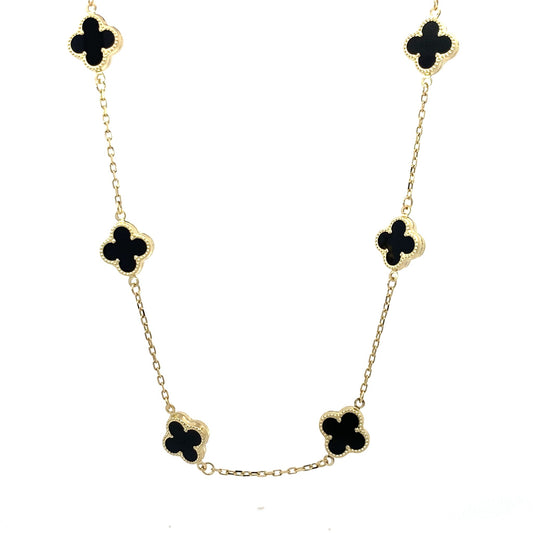 14K Yellow Gold Onyx Flower Necklace 19In 5.2Dwt