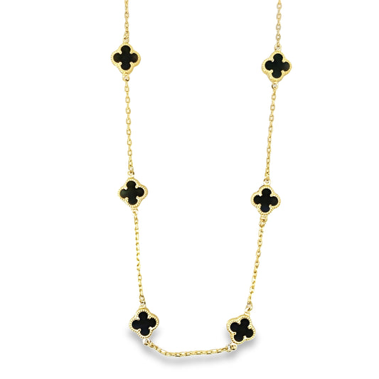 14K Yellow Gold Onyx Flowers Necklace 19In 4.4Dwt