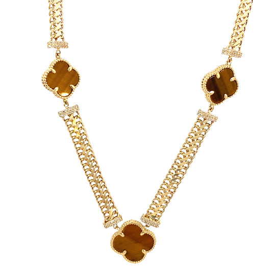 14K Yellow Gold Tiger Eye Flowers Necklace 18In 13.4Dwt