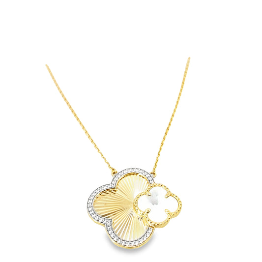 14K Yellow Gold Ladies Diamond Cut & Mother Of Pearl Flower Necklace 18In 4.1Dwt
