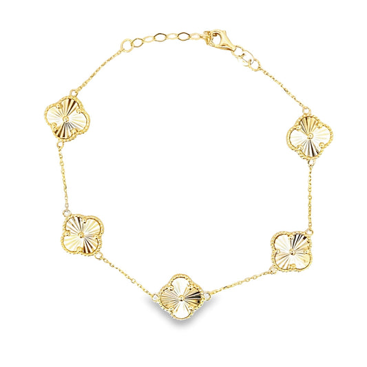 14K Yellow Gold Reversible Mother Of Pearl Flower Bracelet 8In 4.4Dwt