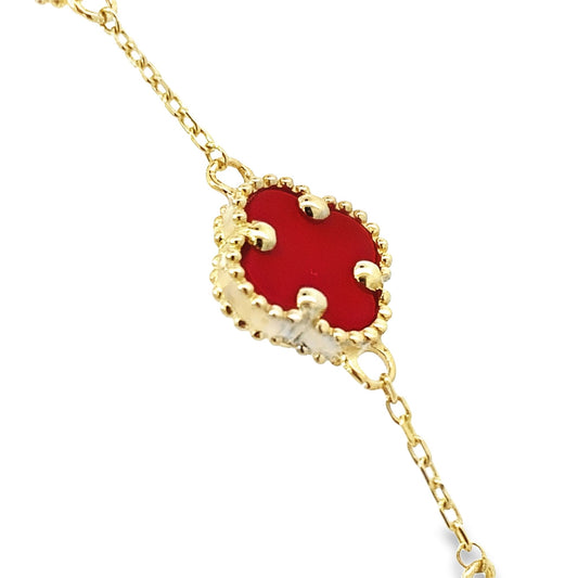 14K Yellow Gold Red Stone Flower Bracelet 8In 3.5Dwt