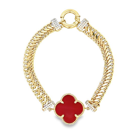 14K Yellow Gold Red Flower Bracelet 7In 6.4Dwt