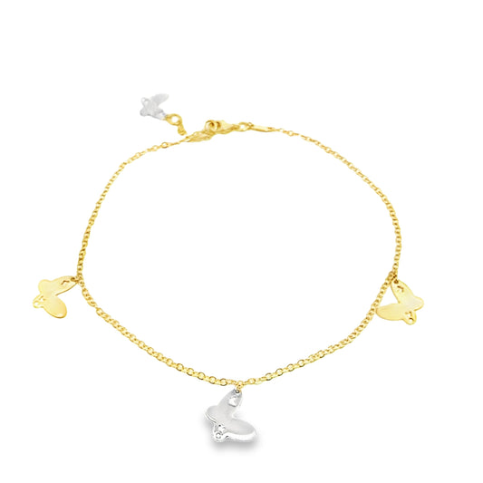 14K Two Tone Butterfly Charm Anklet 11In 1.5Dwt