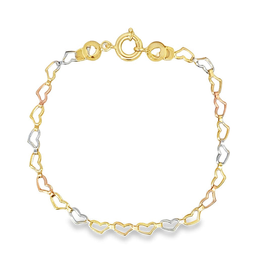 14K Tricolor Gold Hearts Style Link Bracelet 7In 1.7Dwt