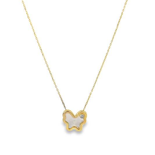 14K Yellow Gold Mother Of Pearl Butterfly Necklace 18In