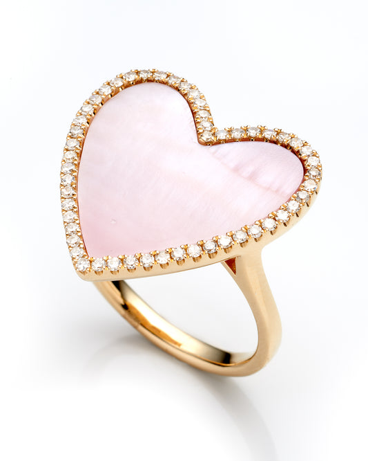 0.31Ctw Dia 3.80Ctw Mother Of Pearl 14K Yellow Gold Heart Ring Size 7 3.6Dwt