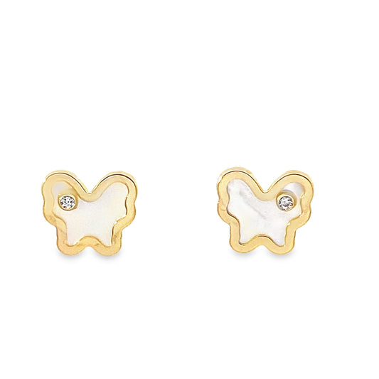 14K Yellow Gold Mother Of Pearl Butterfly Stud Earrings
