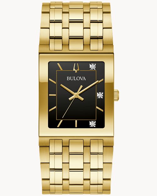 Bulova Quadra Marc Anthony Mens Watch Gold Tone Black Dial Diamond