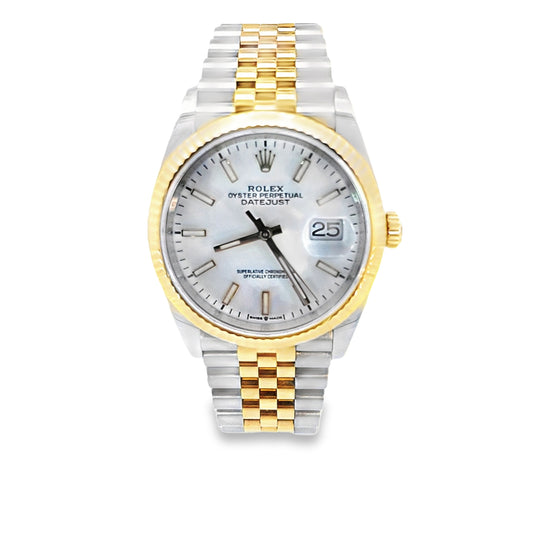 Pre-Owned 2019 Rolex Datejust 36Mm Model: 126233 18K Fluted Bezel 18K & Ss Jubliee Links White Dial Index Markers
