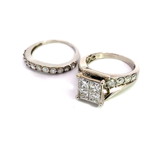 14K White Gold Diamond Wedding Ring Set Size 7.5 6.7Dwt