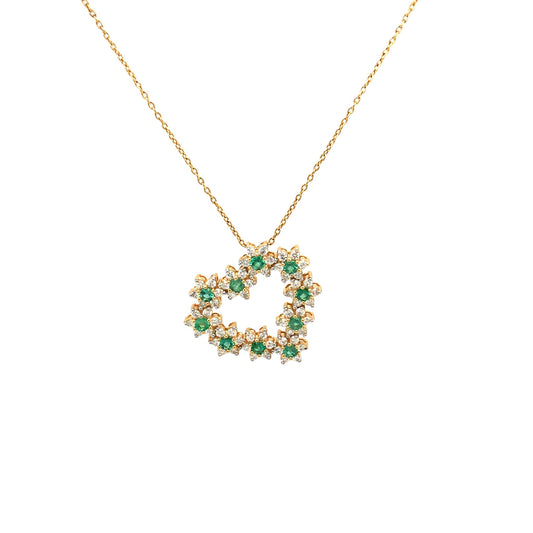 0.98Ctw Diamond 0.47Ctw Emerald 14K Yellow Gold Heart Flower Necklace 18In 3.8Dwt