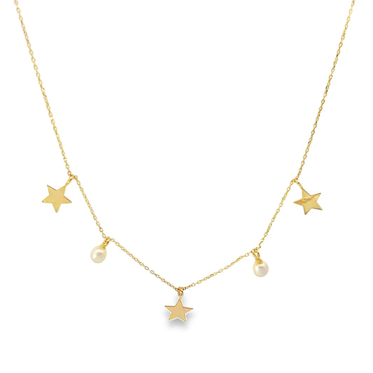 14K Yellow Gold Pearl & Star Charm Station Necklace 18In