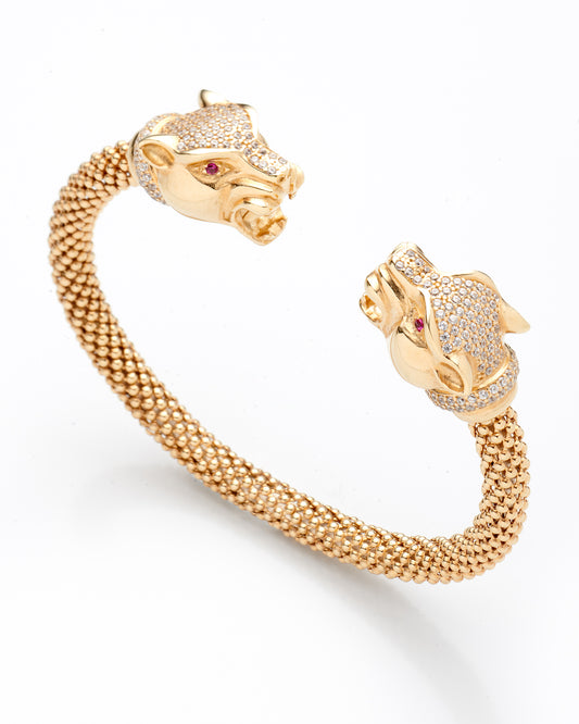 14K Yellow Gold Double Panther Head Bangle 20.6Dwt