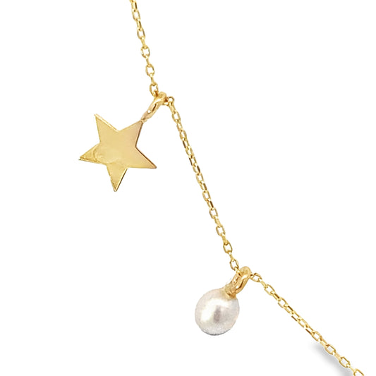 14K Yellow Gold Pearl & Star Charm Station Necklace 18In