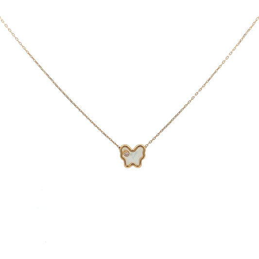 14K Yellow Gold Mother Of Pearl Butterfly Necklace 18In 0.5Dwt