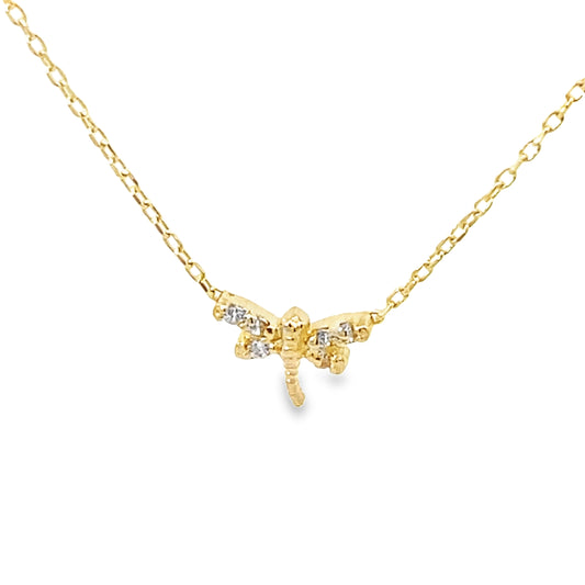 14K Yellow Gold Small Dragon Fly Pendant Necklace 18In