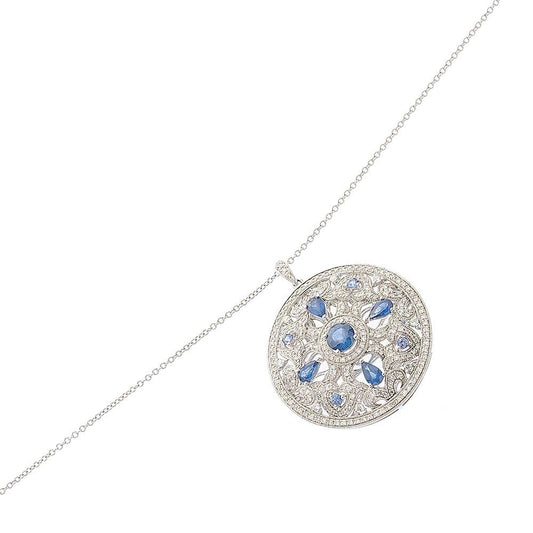 14K White Gold Blue Sapphire & Diamond Round Pendant Rolo Necklace 18In 6.0 Dwt