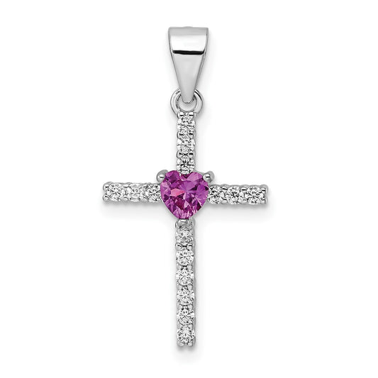 Sterling Silver Rhodium-plated Pink CZ Heart and Clear CZ Cross Pendant
