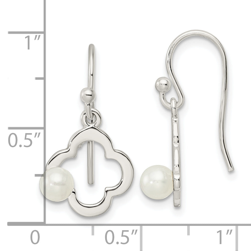 Sterling Silver Polished Imitation Pearl Clover Shepherd Hook Earrings