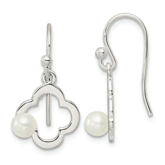 Sterling Silver Polished Imitation Pearl Clover Shepherd Hook Earrings