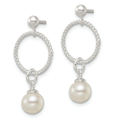 Sterling Silver Polished Glass Pearl Dangle Post Earrings