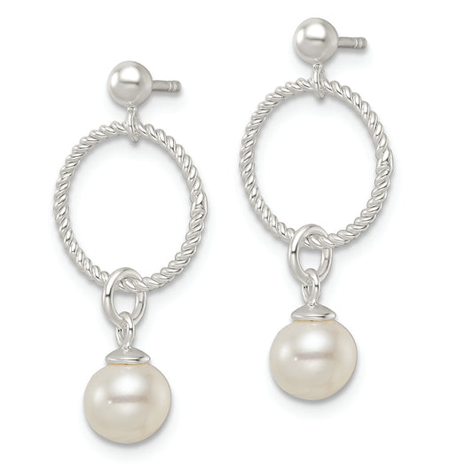 Sterling Silver Polished Glass Pearl Dangle Post Earrings