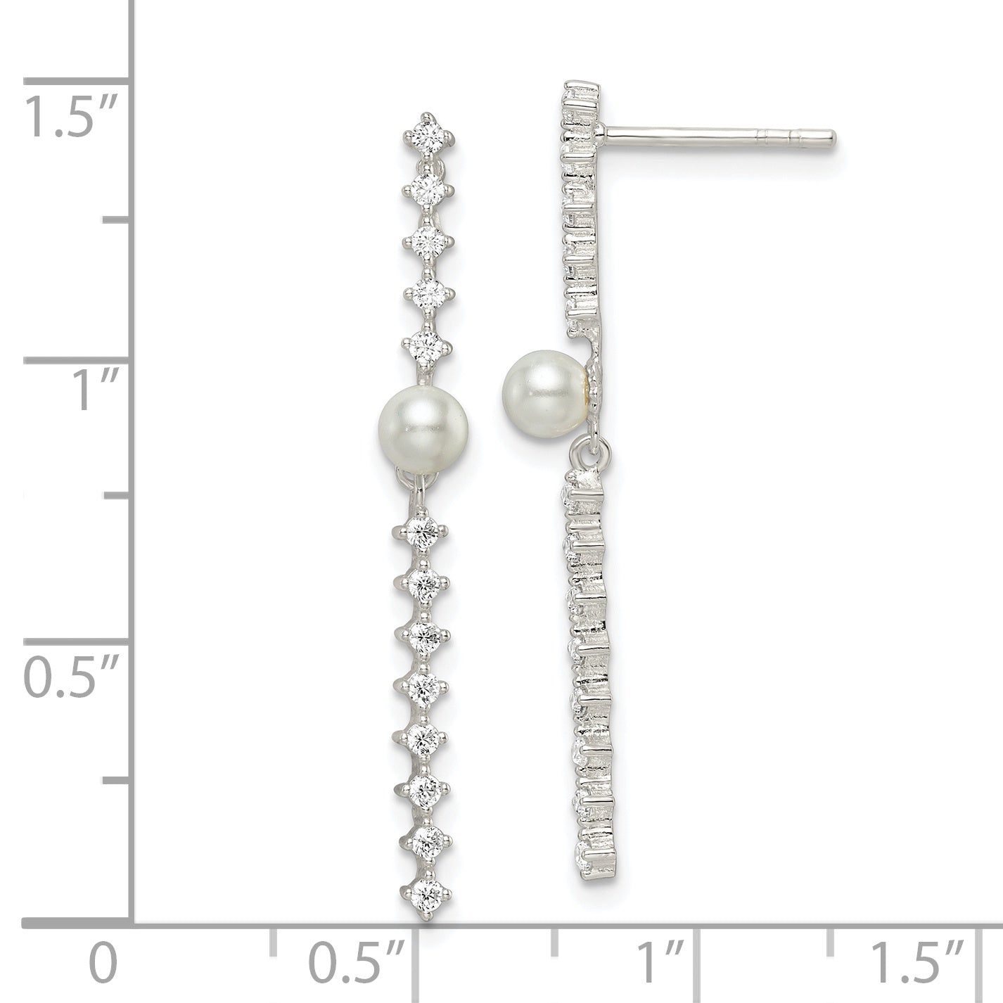 Sterling Silver Polished CZ and Glass Pearl Post Earrings