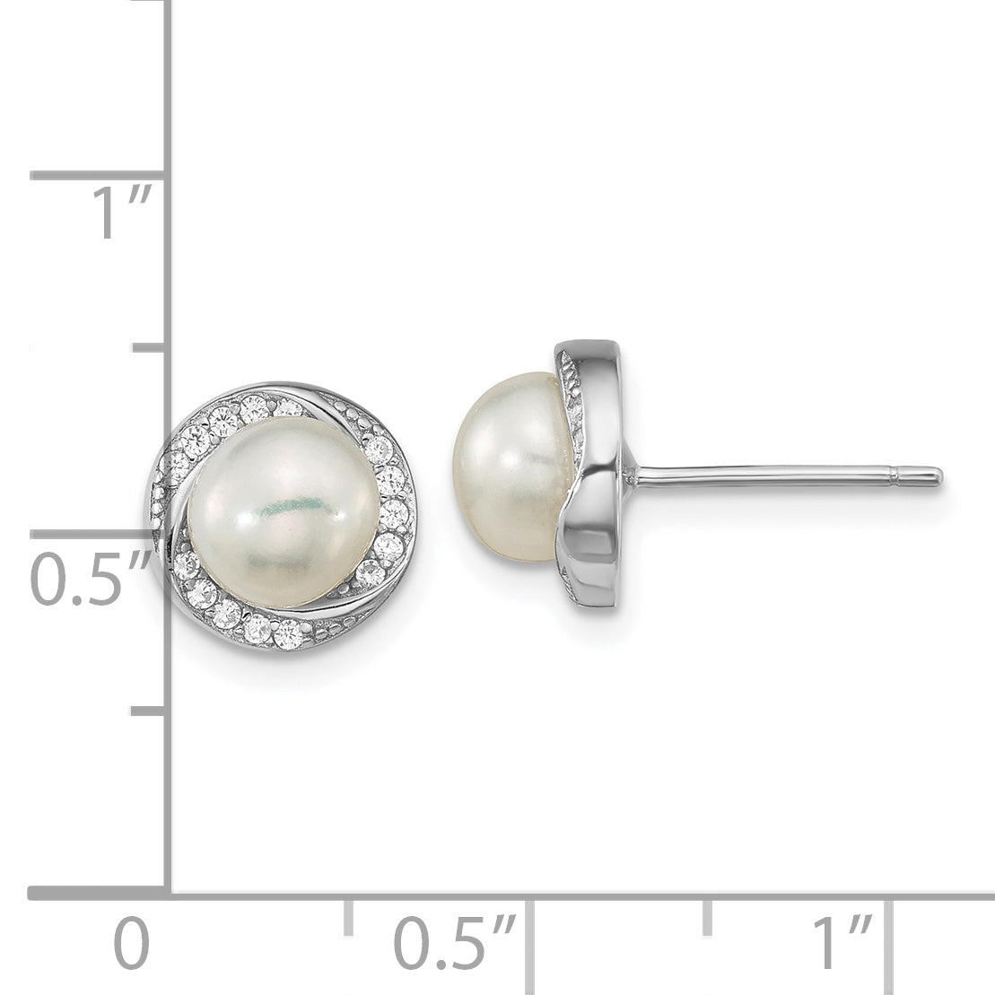 Sterling Silver Rho-plated CZ 6-7mm White Button FWC Pearl Post Earrings