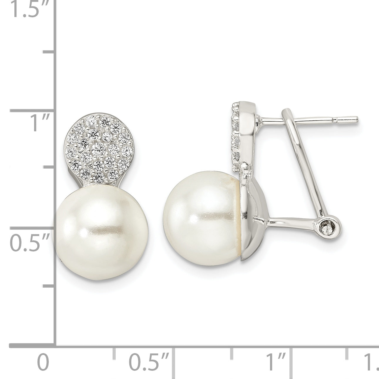 Sterling Silver Imitation Shell Pearl and CZ Omega Back Earrings