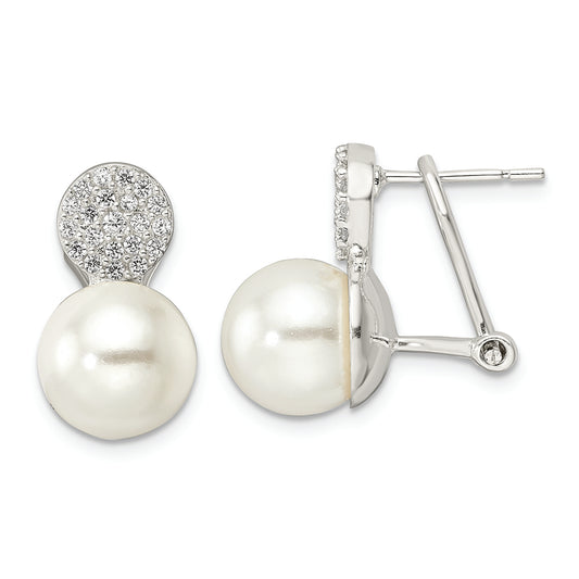Sterling Silver Imitation Shell Pearl and CZ Omega Back Earrings