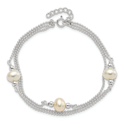 Sterling Silver Polished Glass Pearl w/.75 in ext Bracelet
