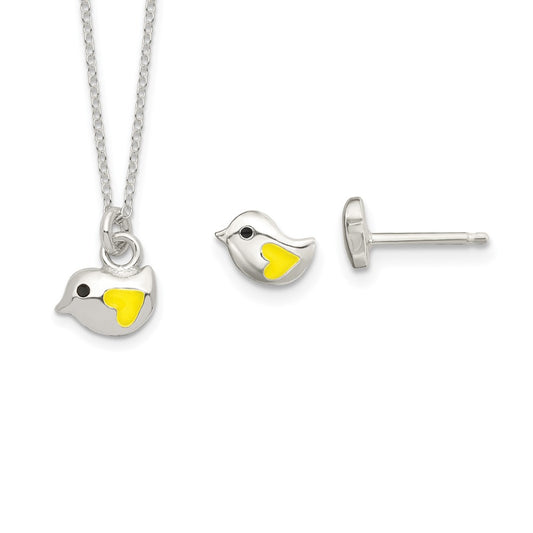 Sterling Silver Kids Yellow Enameled Bird Necklace and Post Earrings Set