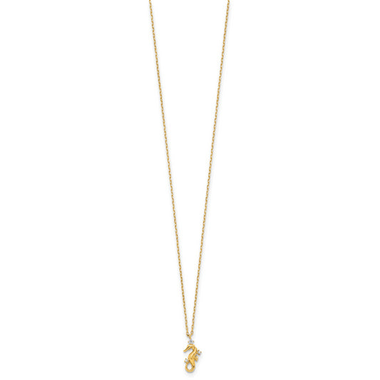 14k Yellow Gold Polished CZ Seahorse w/1.25 in ext Necklace