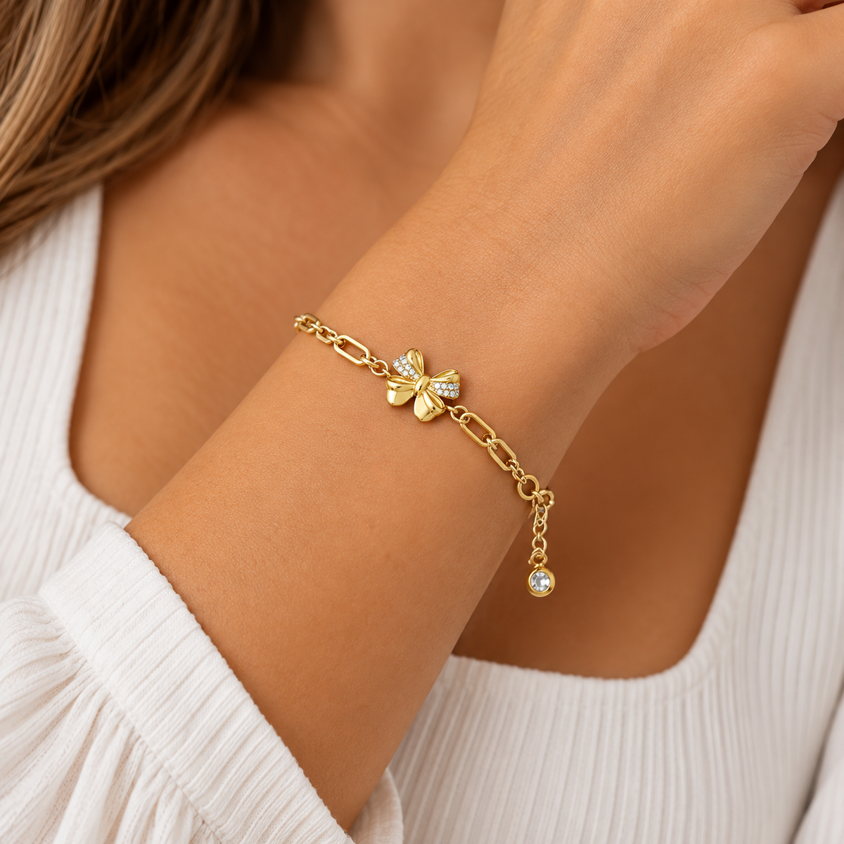 10K Yellow Gold CZ Bow Bracelet – 8 Inches